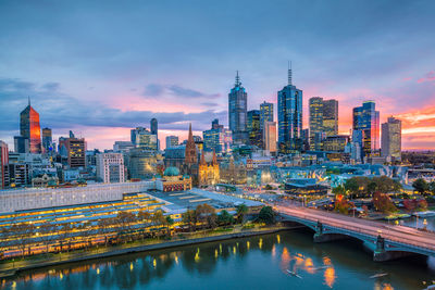 Illuminated buildings in city