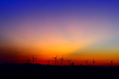 Silhouette of wind turbines during sunset