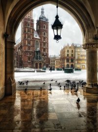 Main market square in krakow, view of st. mary's church from the cloth hall