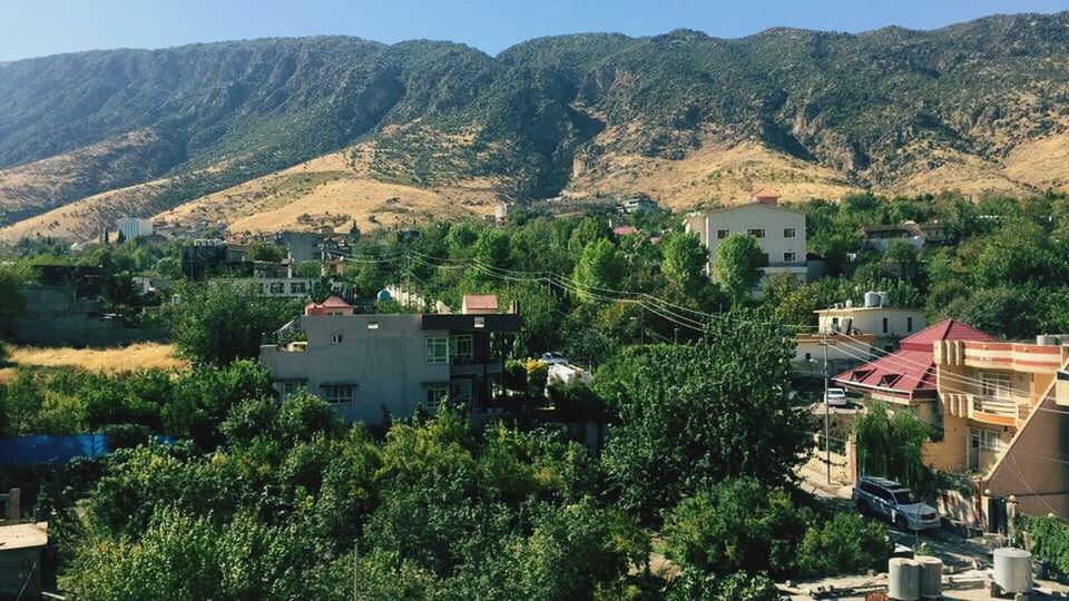 mountain, building exterior, tree, architecture, built structure, house, high angle view, residential structure, mountain range, residential building, landscape, clear sky, nature, growth, village, residential district, green color, town, scenics, beauty in nature