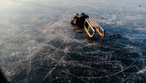 High angle view of sled on ice rink