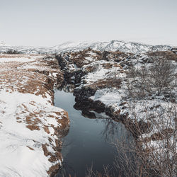 Scenic view of snowcapped mountains against clear sky