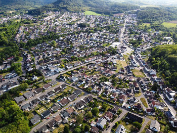High angle view of street amidst buildings in city