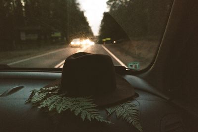 Fedora hat in back of car