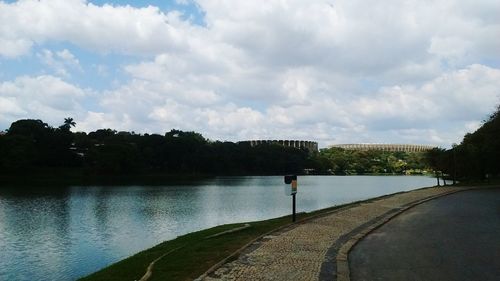 Scenic view of river against cloudy sky