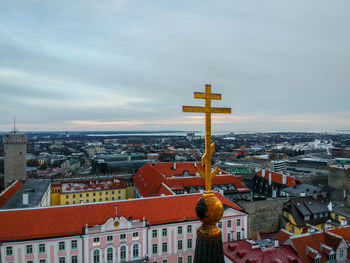 High angle view of illuminated buildings in city against sky