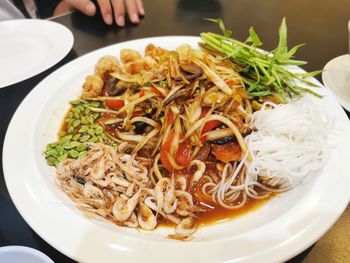 High angle view of meal served on table