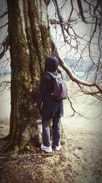 Silhouette of woman walking on tree trunk