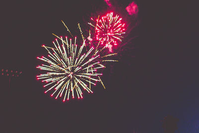 Low angle view of firework display at night