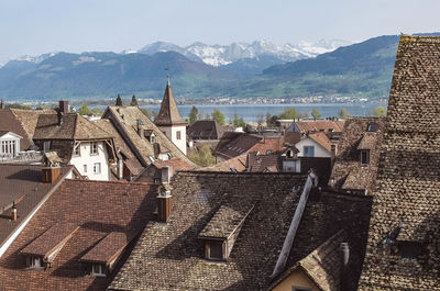 High angle view of buildings in city