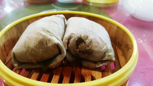 Close-up of bread in bowl on table