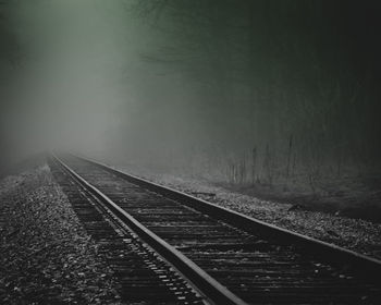 Railroad tracks by trees during foggy weather