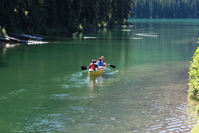 Rear view of four people canoeing in lake
