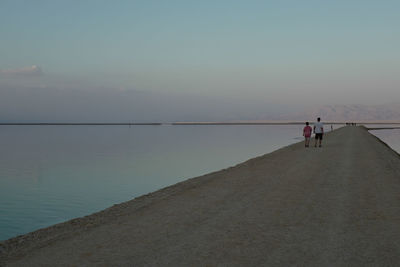 Rear view of people walking on shore at beach against sky