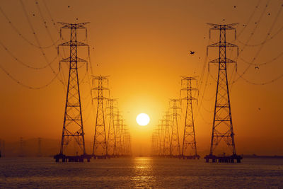 Silhouette electricity pylon by sea against sky during sunset