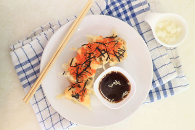 High angle view of food in plate on table