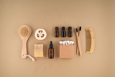 High angle view of beauty products on table