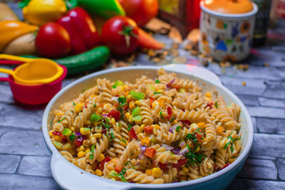 High angle view of food in bowl on table
