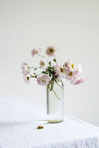 Chrysanthemum flowers in the vase on the table.