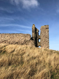 Low angle view of old ruin on field against sky