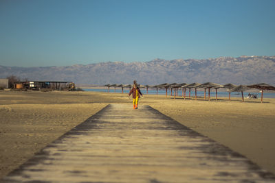 Rear view of woman on shore against sky