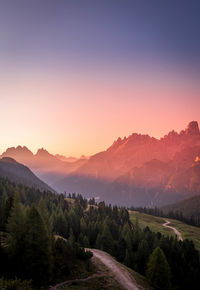 Scenic view of mountains against sky during sunset