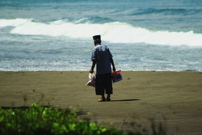 Rear view of man walking on beach
