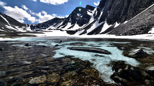 Scenic view of snowcapped mountains against sky