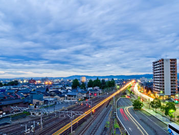 The light trail of the railroad at twilight