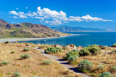 Scenic view of landscape and mountains against blue sky