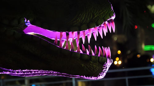 Dinosaur park at dubai garden glow park, illuminated at night. a lot of different dinosaurs, look