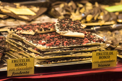 Close-up of chocolate desserts at shop