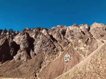 Scenic view of rocky mountains against clear blue sky