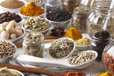 Close-up of various spices in spoons on table