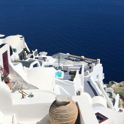 High angle view of boats moored at harbor