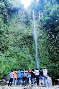 People standing by waterfall against trees