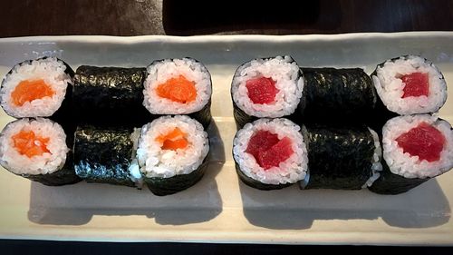 High angle view of sushi in plate