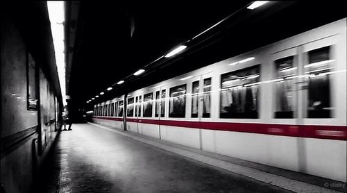 Railroad tracks at night