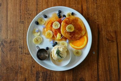 High angle view of breakfast served on table