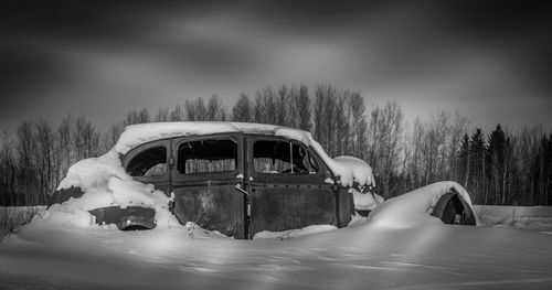 An antique automobile rests in a hay field in northern canada.