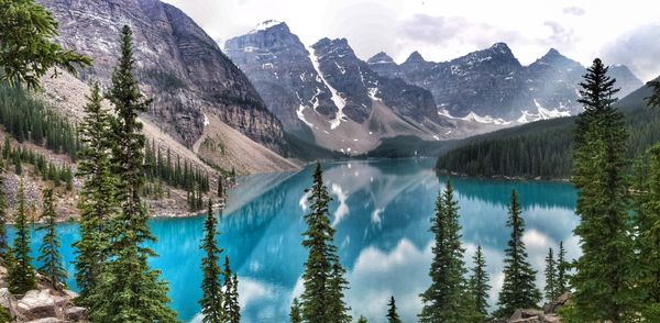 Panoramic view of lake and mountains against sky