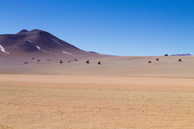 Scenic view of desert against clear blue sky