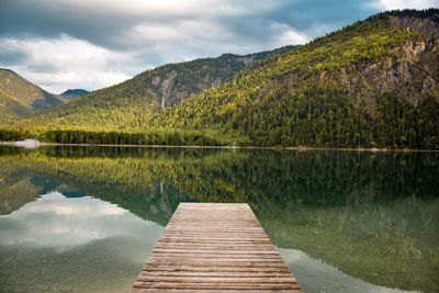 Scenic view of lake by mountains against sky