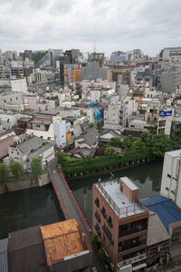 High angle view of buildings against sky