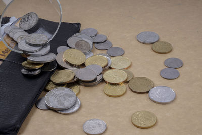 High angle view of coins