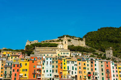 Low angle view of buildings against blue sky