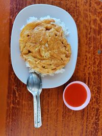 High angle view of breakfast served on table