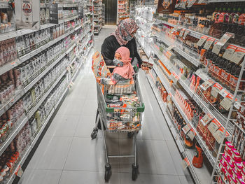 High angle view of people at store