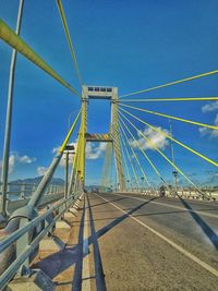 Low angle view of suspension bridge against clear blue sky