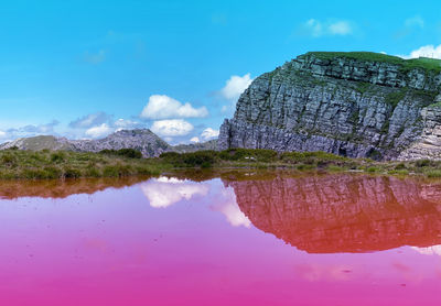 Reflection of rocks in lake against blue sky